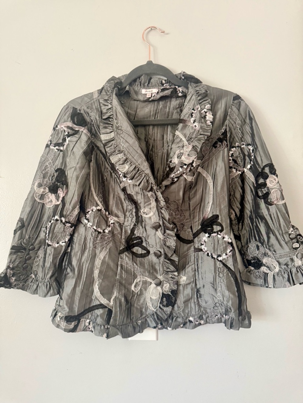 EUC Vintage Araz Silver Pleated Art-to-Wear Jacket with Ribbon Floral Embroidery